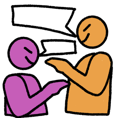 a magenta and an orange figure talking to each other, smiling and pointing at each other